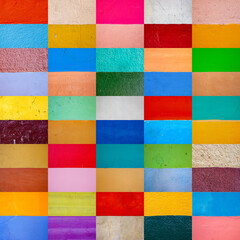 Mosaic of square photos creating horizontal lines. Each image is of a painted wall in Central America