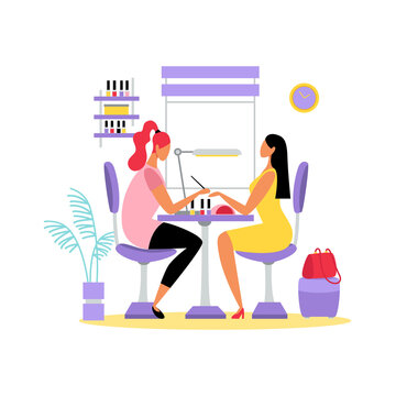 recommend clip art: Woman at Beauty salon doing manicure. Nail polish and treatment.Nails bar. Gel laque. Gel polish. Girl nails. Vector  flat cartoon style isolated on white background