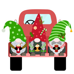 Fototapeta premium Holiday Christmas gnomes with coffee cups and cupcake on red truck. Vector illustration. Isolated on white background.