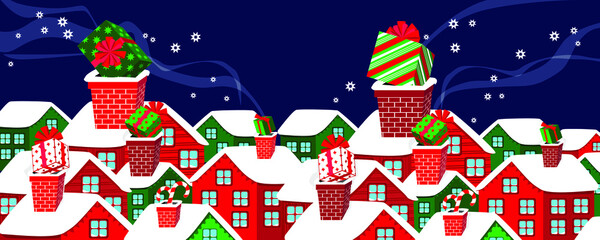 Obraz premium Snowy home roofs and presents that Santa Claus left on the chimneys. Christmas night, morning in the city. Urban landscape in winter. Merry Christmas & Happy New Year. Hand drawn vector