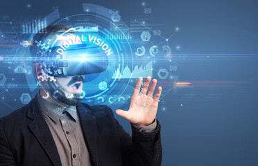 Businessman looking through VR glasses