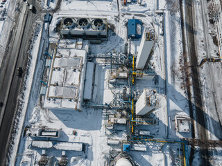 Close-up of oil and gas refineries zone, Steel pipeline equipment detail. air pollution. fly a drone