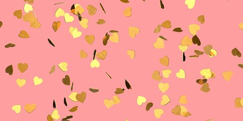 Falling gold hearts on a pink background. 3D rendering .   for valentine's day and weddings.  Rain from hearts.