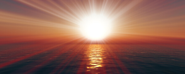 Plakat sunset sea sun ray clear sky. 3d rendering