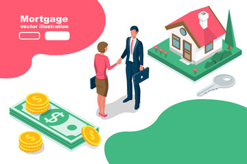 Loan secured by real estate. House on a mortgage. A broker makes a deal with a businesswoman. Real estate money. Home loan. Vector illustration isometric 3d design. Isolated on white background.