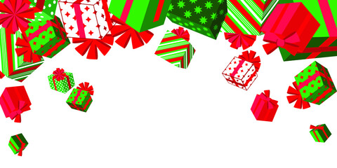 Obraz premium Gift rain. Gift boxes fall from above on a white background with space for your text. Birthday. Merry Christmas. Background, banner, card, poster, flyer, sale. Hand drawn vector