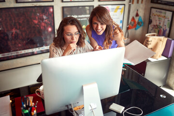 Two beautiful female colleagues are working in the office together