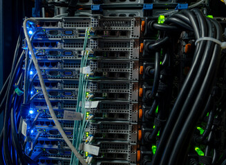 network cables connected to switch
Organizer system for the power cable in the server room. High performance server in the operator's room. Creation of cryptocurrencies.