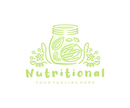 Jar with nuts and nut butter, walnut, almond, peanut and cashew, logo design. Food, nature, herb and organic food, vector design and illustration
