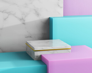White and pink geometric shapes with cubic marble podium. Abstract pastel color background. Decorative elements backdrop. 3d rendering. 