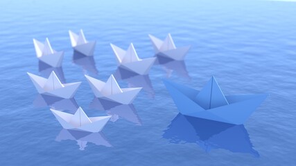 Concepto de liderazgo, barco líder azul que instruye y guía a los blancos sobre agua. 