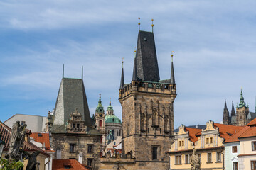 Fototapeta na wymiar skyline and rooftops in the historic city center of downtown Prague