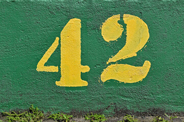 Number 42 painted in yellow on a green wall - obrazy, fototapety, plakaty