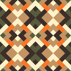 Abstract seamless pattern. Mosaic texture for textile, clown, carpeting, warp, book cover, clothes. Vector geometric background of triangles in orange, green and brown colors