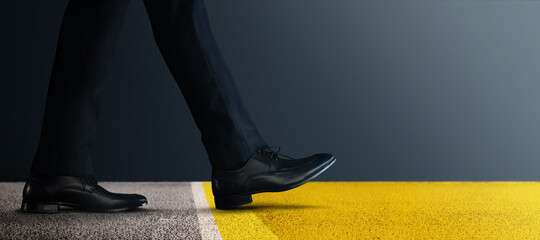 Start Concept. Low Section of Businessman Steps into Start Line and Moving Forward to New...