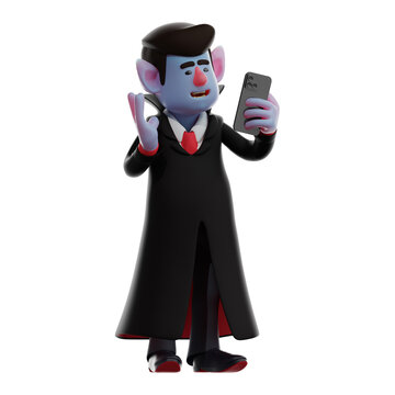 A funny Dracula Vampire 3D Cartoon Picture holding a cell phone
