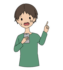 指差し案内をしている困った様子のスマホを持っている男性