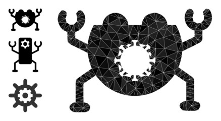 Low-poly virus nanobot icon, and bonus icons. Polygonal virus nanobot vector is filled of chaotic triangles. Flat geometric 2d modeling illustration is created from virus nanobot icon.