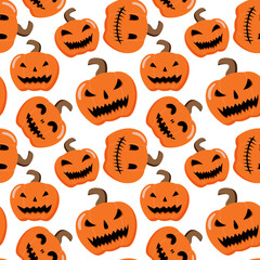 Halloween cartoon pumpkins seamless pattern. Isolated on white background. Vector Happy Halloween greeting card and trick or treat party design of pumpkin lantern.