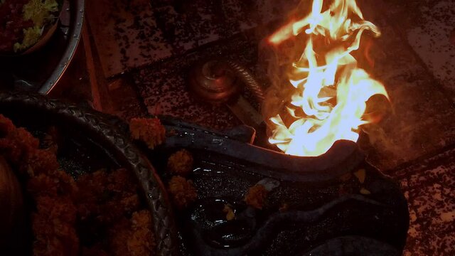 Candles at the religious Ganga Aarti ritual in Haridwar, India.