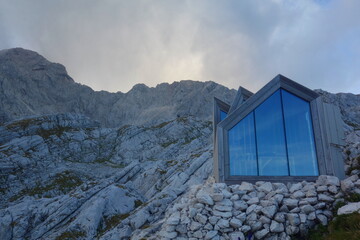 Obraz na płótnie Canvas Free public mountain shelter Bivak pod Skuto near Skuta mountain, Kamnik-Savinja alps, Slovenia