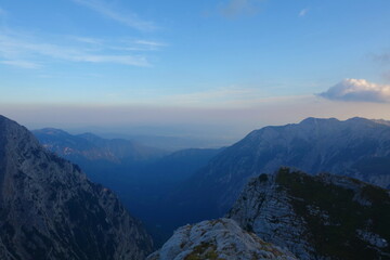 Panorama view from a mountain shelter Bivak pod Skuto in Slovenia, Kamnik Alps