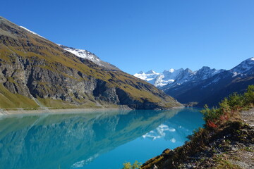 Lac de Moiry mountain lake in the area of Griments in Valais Canton, Switzerland