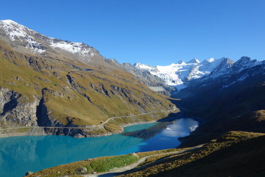 Lac de Moiry mountain lake in the area of Griments in Valais Canton, Switzerland
