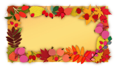 Illustration in cutout style frame with autumn leaves, rose hips and paradise apples