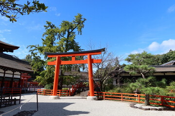 Temples and shrines in Kyoto in Japan 日本の京都にある神社仏閣 : Torii Archway and Sori-bashi Bridge in the precincts of Shimogamo-jinja Shrine 下賀茂神社の境内にある鳥居と反り（輪）橋　
