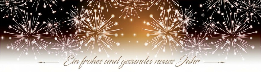 Feuerwerk-Banner mit weiß-braunen Hintergrund, weissem Feuerwerk und Schriftzug -Ein frohes und...