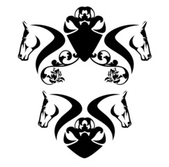 two horse heads and heraldic shield with rose flowers decor - equestrian sport black and white vector emblem design