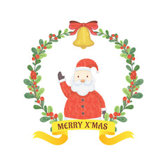 Watercolor santa with bell and merry Christmas decoration