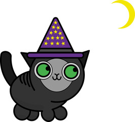 Black magic halloween cat with hat and crescent moon