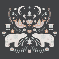 Scandinavian Christmas folk illustration with floral motifs and cute animals, bird and bear.