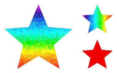 Low-poly red star icon with spectrum vibrant. Spectrum colored polygonal red star vector is constructed with scattered colorful triangles.