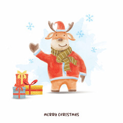 Fototapeta premium Watercolor deer santa and gifts merry christmas