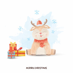 watercolor cute deer with gifts merry christmas