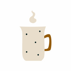 Ceramic polka dot mug with a hot drink. A porcelain cup with tea or coffee with smoke or steam. Vector illustration in a flat cartoon hand-drawn style. Isolated on a white background