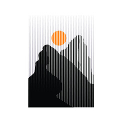 Poster with mountain landscape  and sunset in boho art style  .Minimal design with line elements . Trendy brochure . Mountain peak .Wall art .Vector illustration .