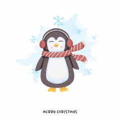 watercolor cute penguin and merry christmas