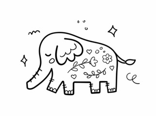 Hand drawn cute elephant. Cartoon animal in doodle sketch style. Vector linear illustration.