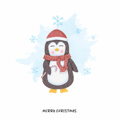 watercolor cute penguin with candy merry christmas