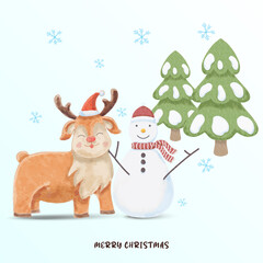 Fototapeta premium watercolor cute deer and snowman merry christmas