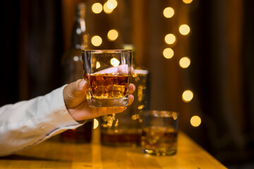 Bartender Serve Whiskey, on wood bar, 