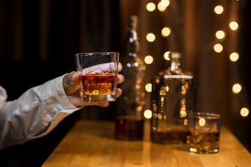 Bartender Serve Whiskey, on wood bar, 