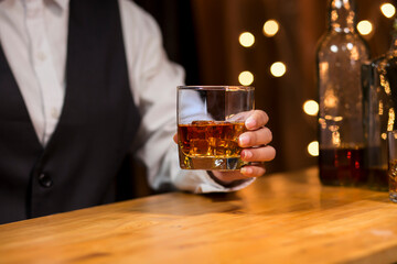 Bartender Serve Whiskey, on wood bar, 