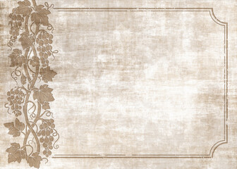 Grunge background with decorative vines of grape and frame. Emboss and distressed effects. 
