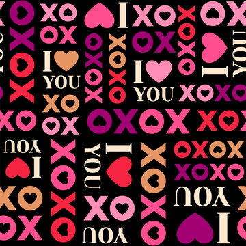 Seamless pattern of word “xoxo” and “I love you” on black background for valentine’s day.