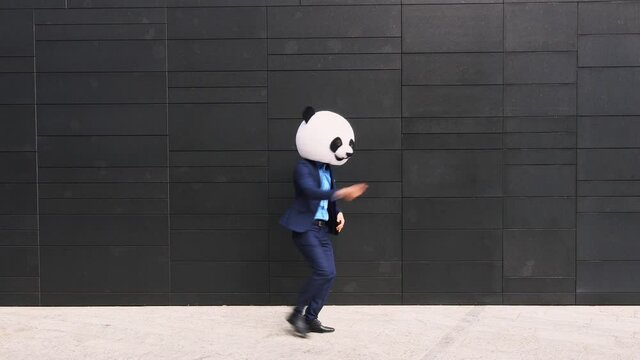 Storytelling video of a businessman wearing a giant panda mask. 